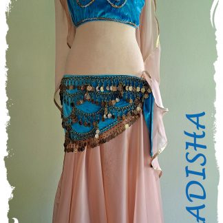 Bauchtanzkombination türkis / rose 5-tlg., Top und Hüfttuch aus Stretchsamt, Rock weit aus Chiffon in rose, Größe S - M