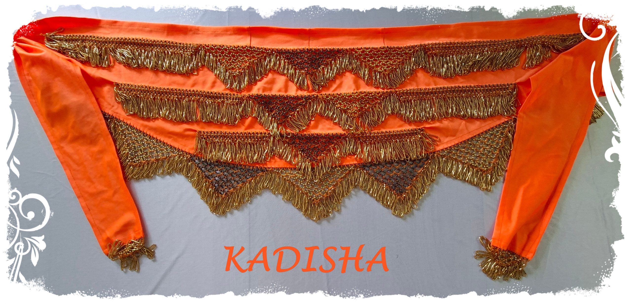 Bauchtanzkombination 4-tlg. in leuchtendem orange mit schwarz, Top und Hüfttuch in neonorange und Rock weit mit Schleier in schwarz, Größe XXL – Bild 2
