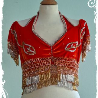 Oberteil mit Nackenträgeer aus Stretchsamt in orange, mit goldenen und silbernen Perlen, Größe M / L